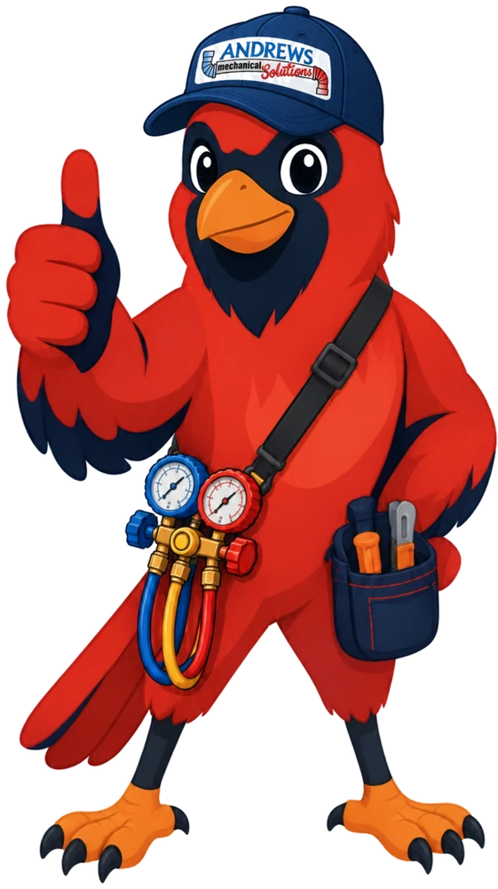 Carl the Cardinal, Andrews Mechanical Solutions HVAC mascot in Acworth, GA, thumbs-up with manifold gauges